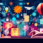 A collage representing AI technology, consumer interactions, and ethical marketing practices in retail.