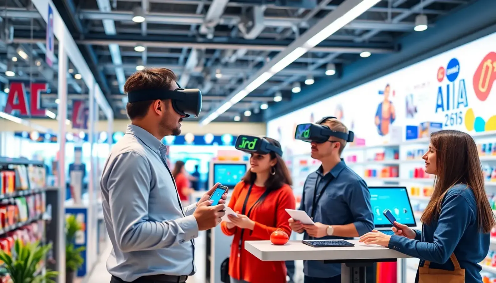 Retail employees utilizing AI technology in a modern training environment.