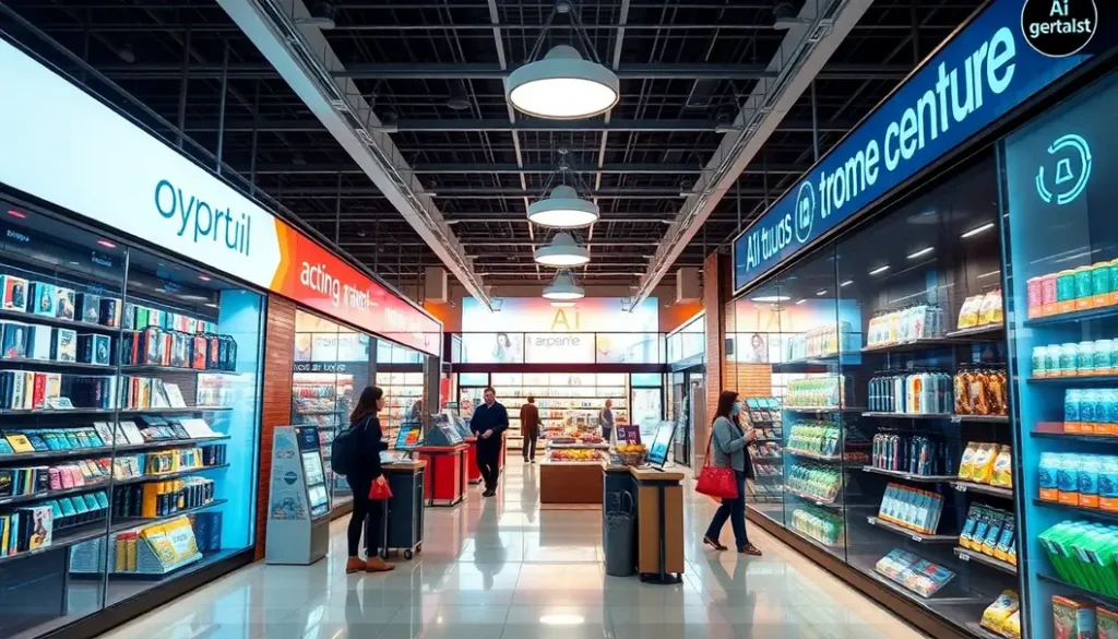 A dynamic collage of retail environments showcasing AI technologies in action.
