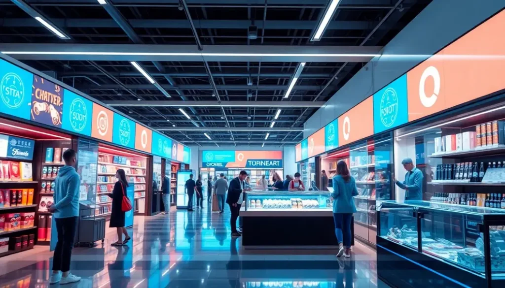 A futuristic retail space showcasing AI integration in shopping processes, including chatbots, intelligent signage, and automated checkout.