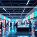 A futuristic retail space showcasing AI integration in shopping processes, including chatbots, intelligent signage, and automated checkout.