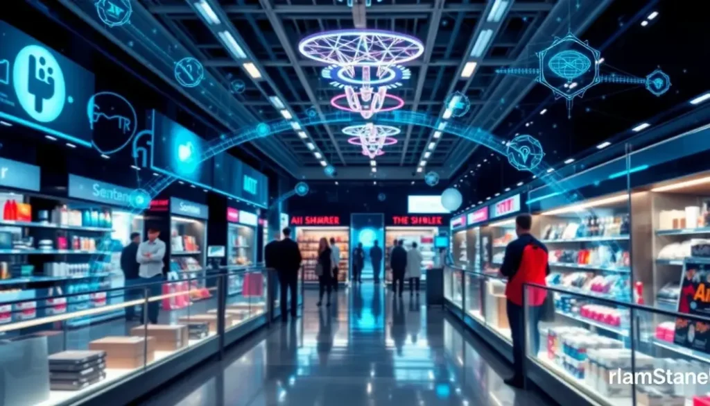 A futuristic retail environment showcasing advanced AI technology in customer engagements.