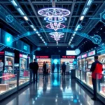 A futuristic retail environment showcasing advanced AI technology in customer engagements.