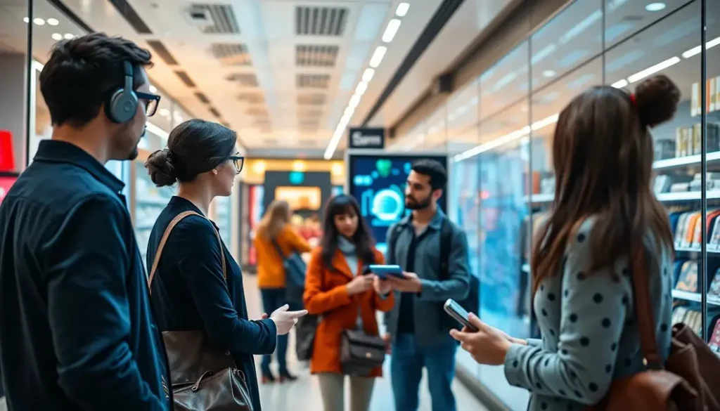 A retail setting featuring AI technologies and diverse customers interacting with personalized services.