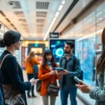 A retail setting featuring AI technologies and diverse customers interacting with personalized services.