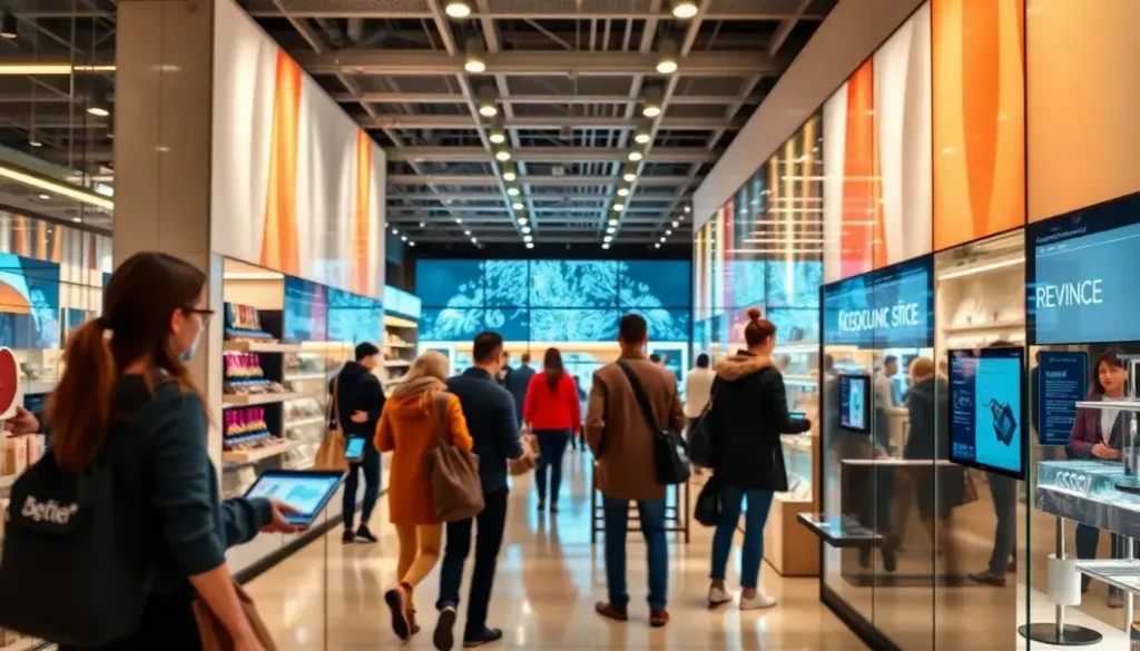 Customers interacting with advanced AI applications in a modern retail setting.