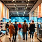 Customers interacting with advanced AI applications in a modern retail setting.