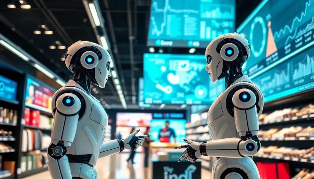 Futuristic retail scene with AI robots helping customers and digital analytics displays.