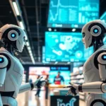 Futuristic retail scene with AI robots helping customers and digital analytics displays.