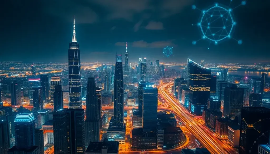 Nighttime city skyline with digital effects representing AI and cybersecurity.