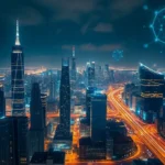 Nighttime city skyline with digital effects representing AI and cybersecurity.