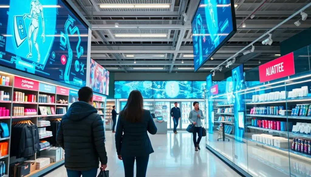 A modern retail environment enhanced with artificial intelligence features, showcasing customer engagement.