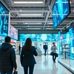 A modern retail environment enhanced with artificial intelligence features, showcasing customer engagement.
