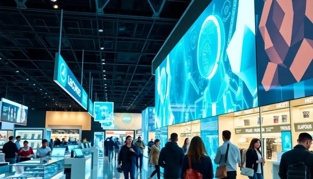 A vibrant, futuristic retail space featuring AI-driven displays and diverse consumers engaging with technology.