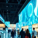 A vibrant, futuristic retail space featuring AI-driven displays and diverse consumers engaging with technology.