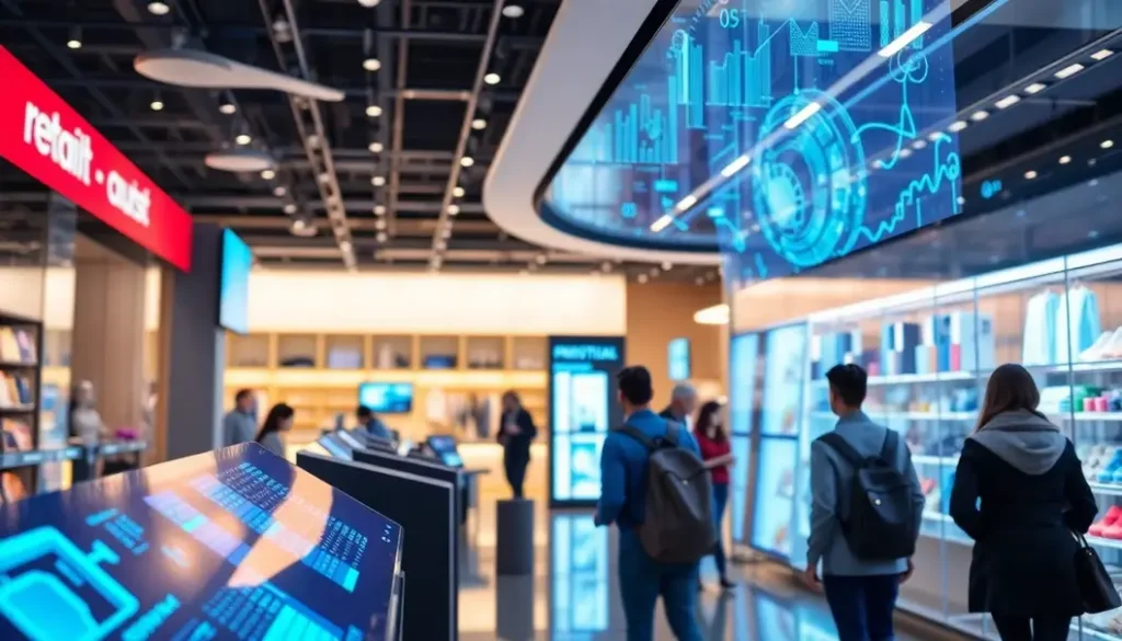 A futuristic retail environment featuring AI technologies in customer interactions.