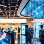 A futuristic retail environment featuring AI technologies in customer interactions.