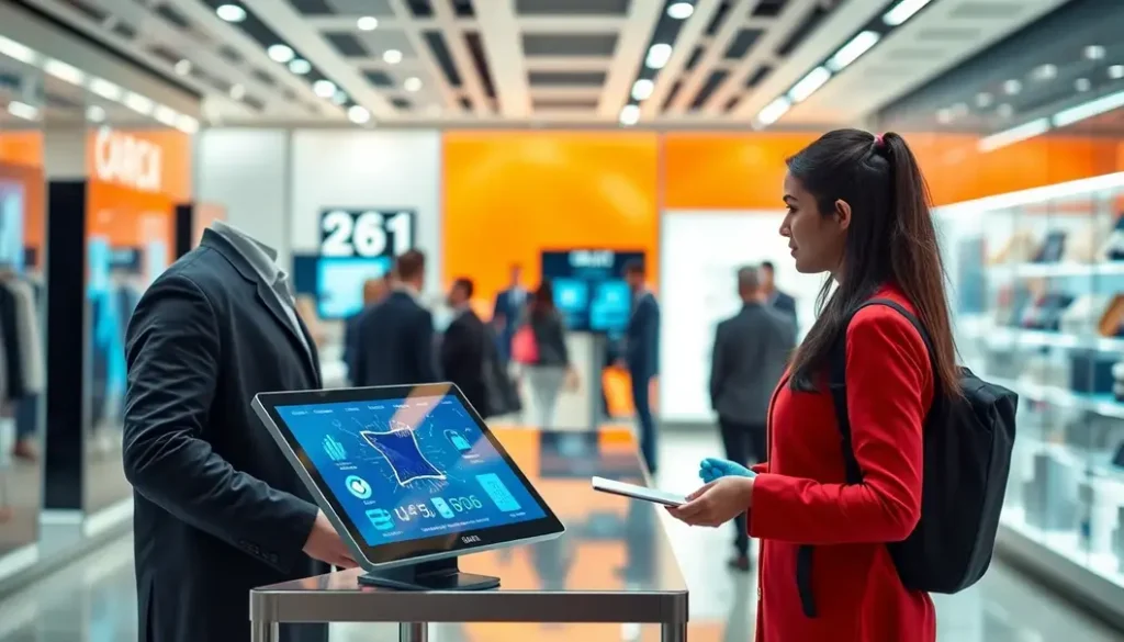 A futuristic retail environment showcasing advanced AI technologies enhancing shopping experiences.