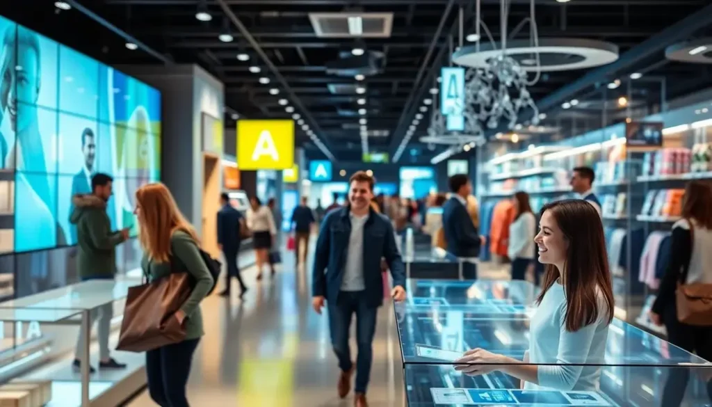 A futuristic retail store showcasing advanced technologies and happy customers.