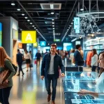 A futuristic retail store showcasing advanced technologies and happy customers.