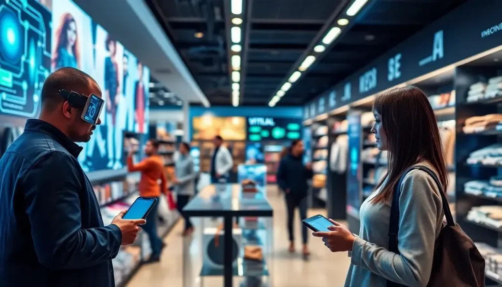 A futuristic retail store integrating AI technologies with human customer interactions.
