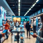 A futuristic retail store integrating AI technologies with human customer interactions.