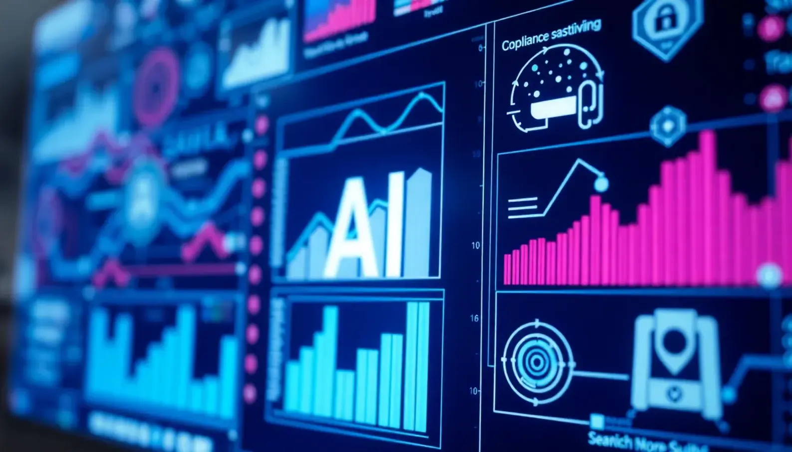 IT professionals analyzing cybersecurity compliance in a modern workspace.