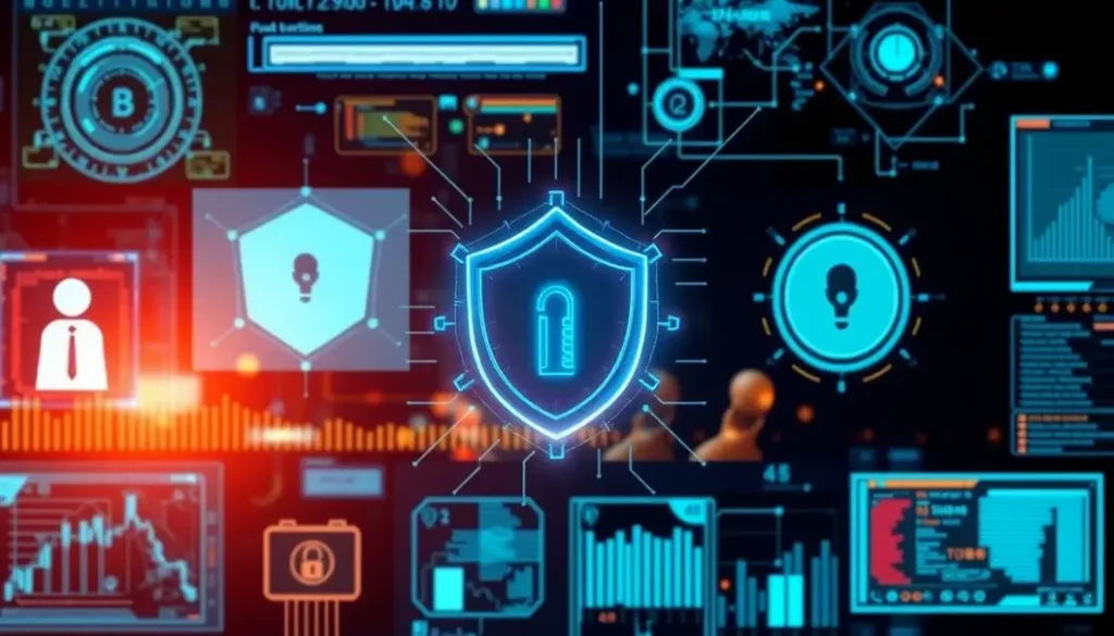 Collage of AI applications in cybersecurity featuring data analysis and threat detection.