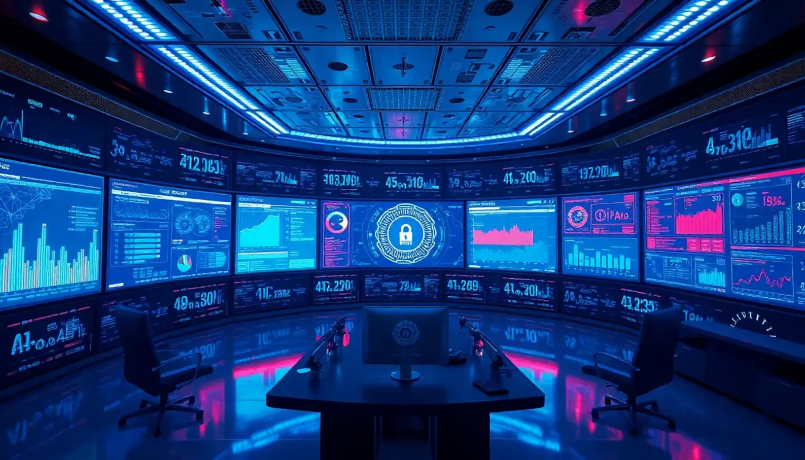 A high-tech environment where AI aids in monitoring and analyzing cybersecurity data.