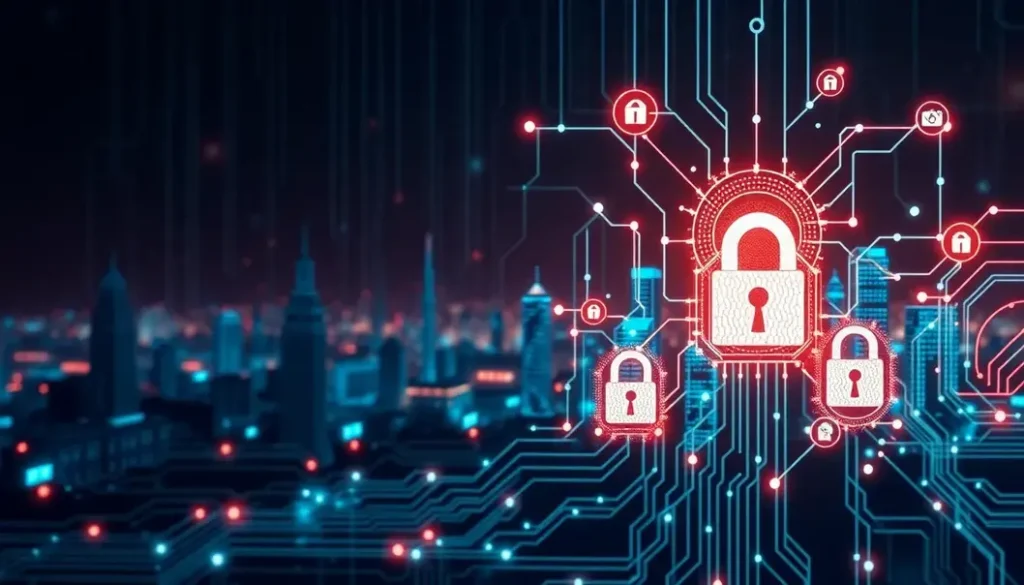 Image of a futuristic skyline with AI and cybersecurity elements.