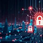 Image of a futuristic skyline with AI and cybersecurity elements.