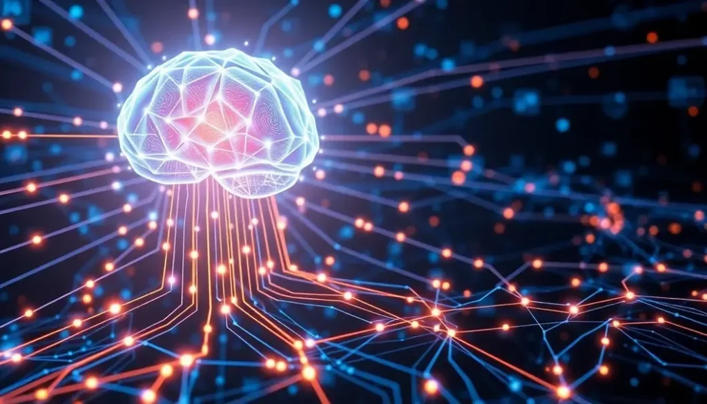 A futuristic image depicting AI algorithms monitoring and securing interconnected networks, representing advanced cybersecurity.