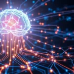 A futuristic image depicting AI algorithms monitoring and securing interconnected networks, representing advanced cybersecurity.