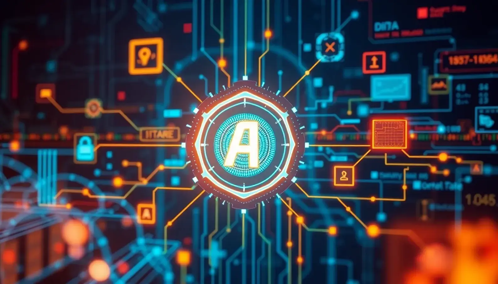 Illustration of AI algorithms working within cybersecurity frameworks to identify and mitigate threats.