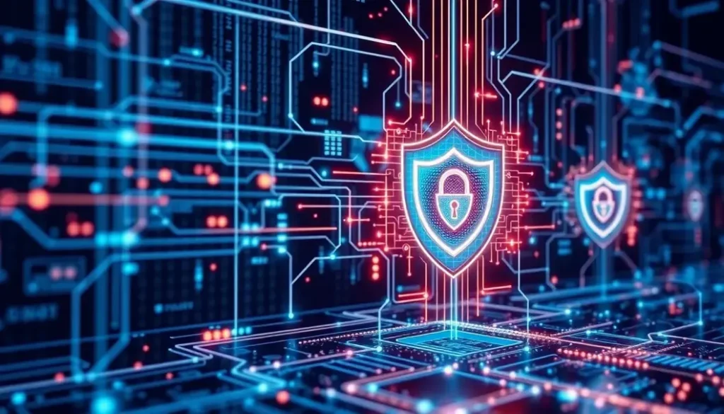 A conceptual image depicting AI technology in cybersecurity with data streams and protective symbols.