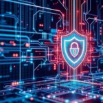 A conceptual image depicting AI technology in cybersecurity with data streams and protective symbols.