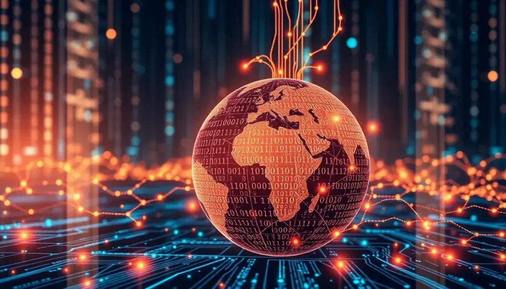 Digital landscape with AI integration in cybersecurity, featuring a globe and binary code.