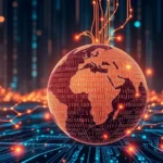 Digital landscape with AI integration in cybersecurity, featuring a globe and binary code.