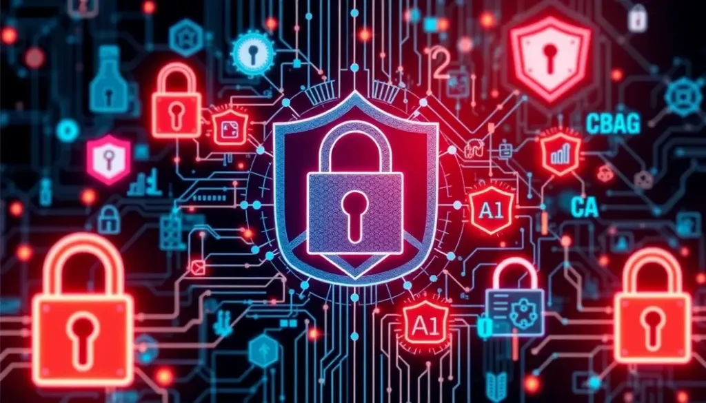 A creative montage depicting AI and cybersecurity elements working together for enhanced protection.