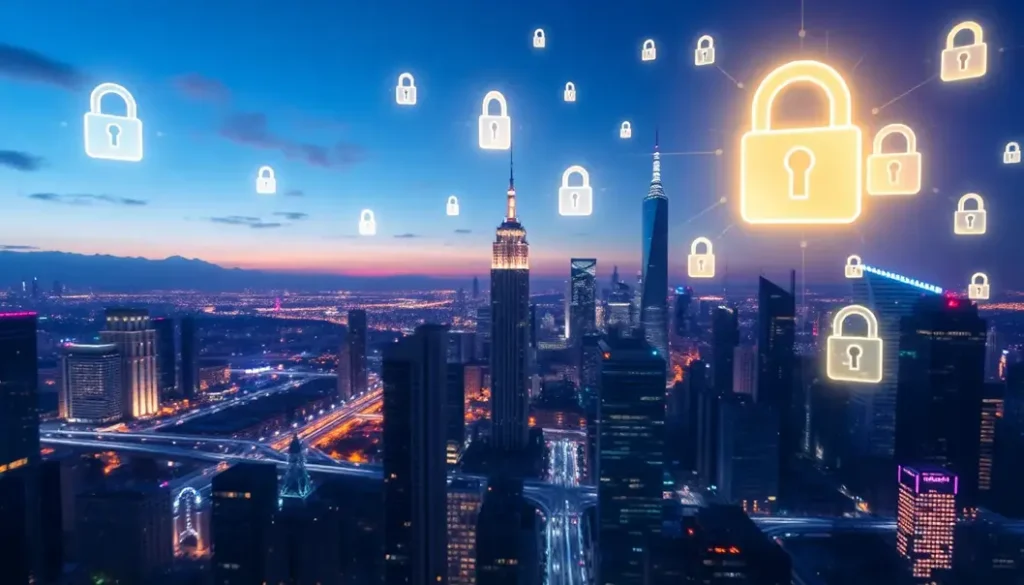 Futuristic representation of AI-driven cybersecurity in a modern city.
