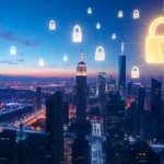 Futuristic representation of AI-driven cybersecurity in a modern city.