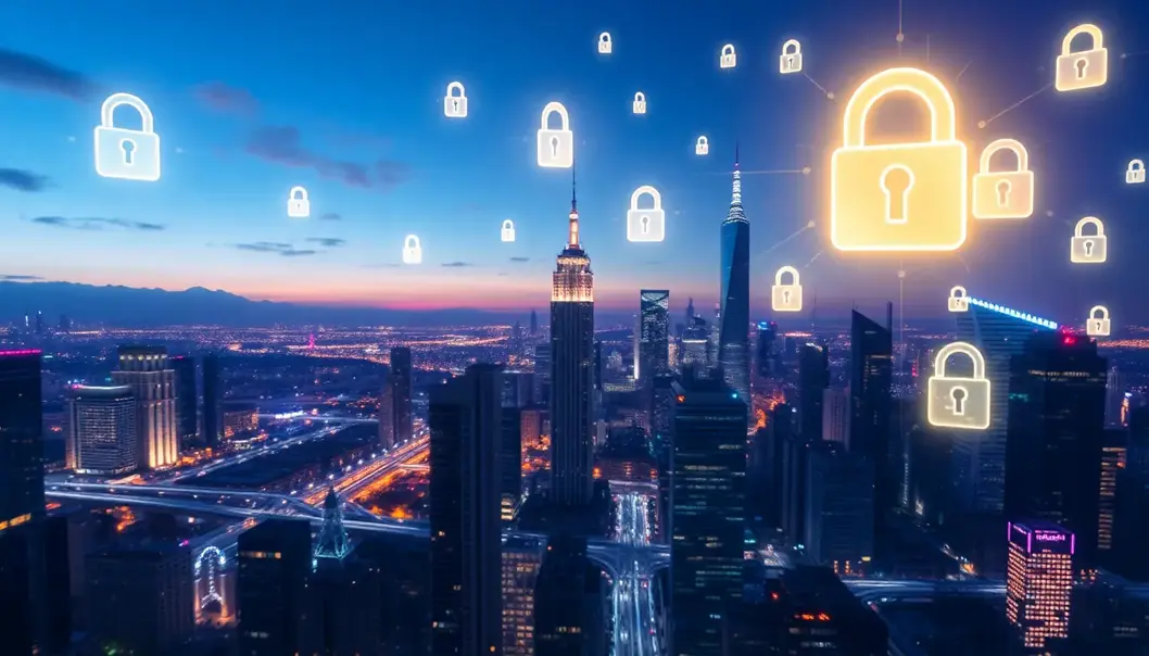 Futuristic representation of AI-driven cybersecurity in a modern city.