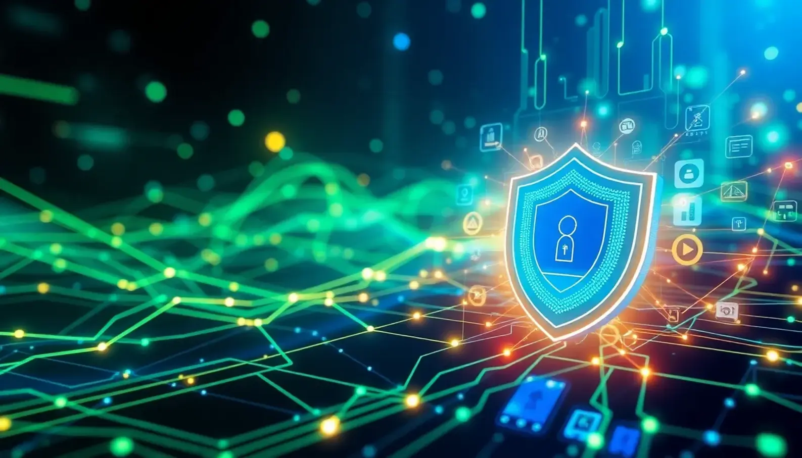 Visual representation of AI working as a shield against various cyber threats.