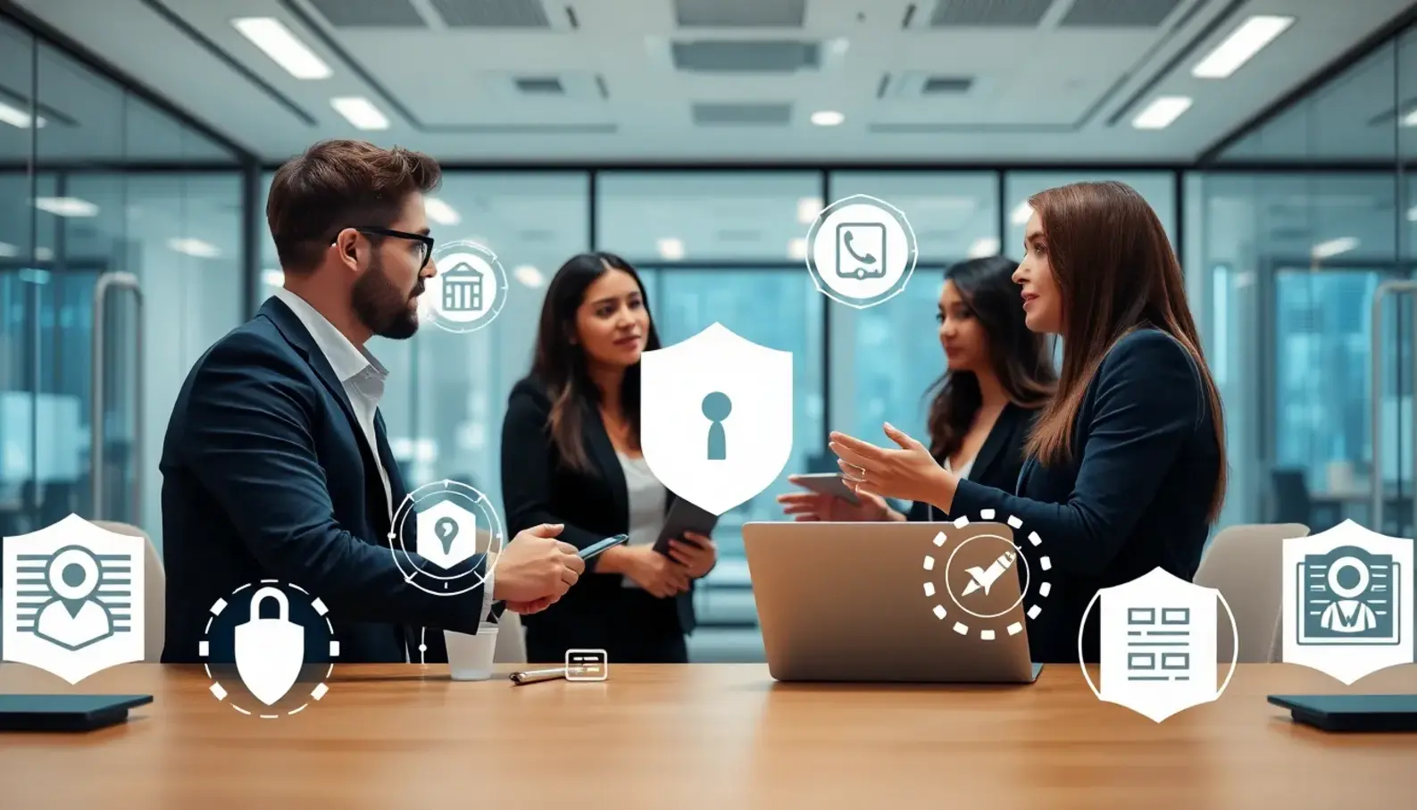 IT professionals analyzing cybersecurity compliance in a modern workspace.