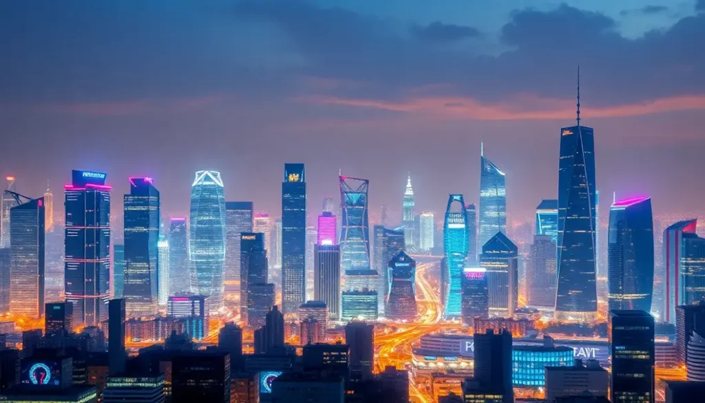 A futuristic city with integrated cybersecurity elements and artificial intelligence features illustrating the modern digital landscape.