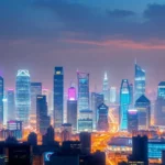 A futuristic city with integrated cybersecurity elements and artificial intelligence features illustrating the modern digital landscape.