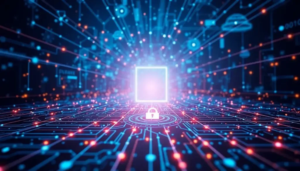 Illustration of a digital landscape with AI technologies enhancing cybersecurity strategies.