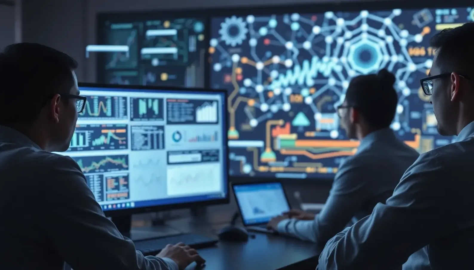 Inside view of cybersecurity experts utilizing AI technologies to enhance evaluation strategies.