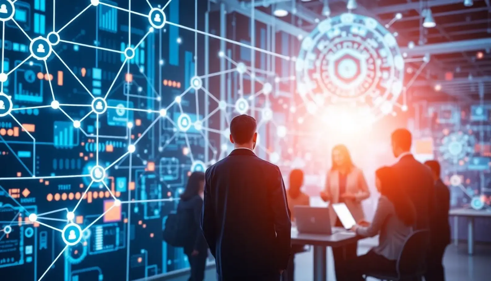 IT professionals analyzing cybersecurity compliance in a modern workspace.