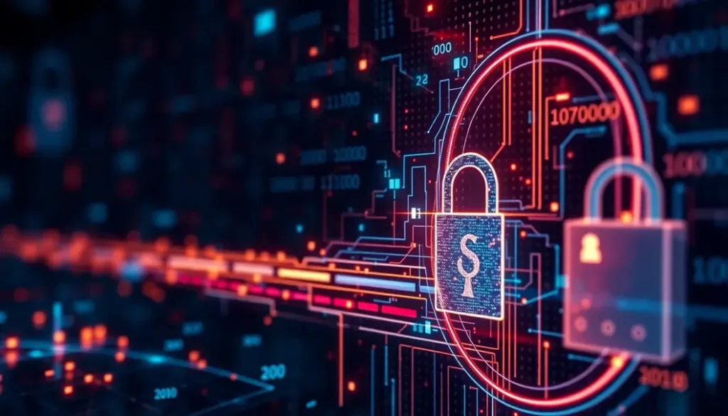 Visual concept of the future of AI in cybersecurity with elements like binary code and digital shields.